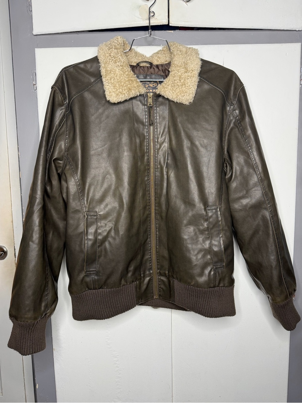 Arizona Jean Co Men XL Bomber Flight Jacket Brown Distressed Faux Leather Sherpa